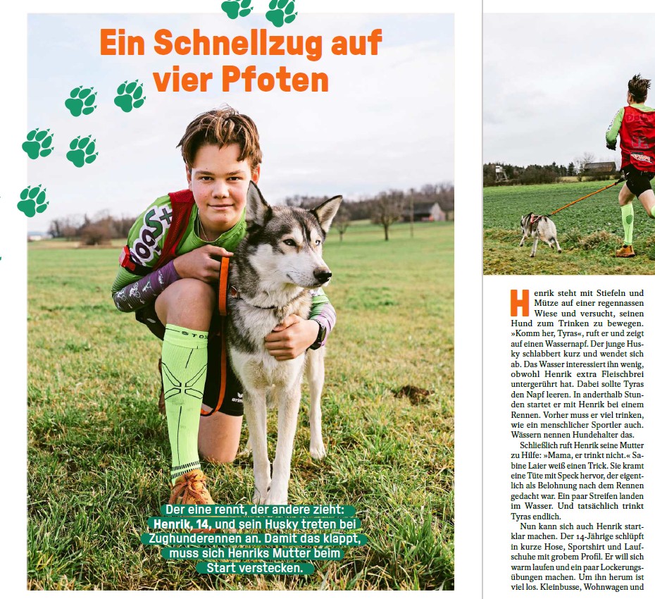 Man sieht einen Ausschnitt aus dem Magazin Dein Spiegel. Es handelt sich um einen Bericht über Henrik und seinen Husky.