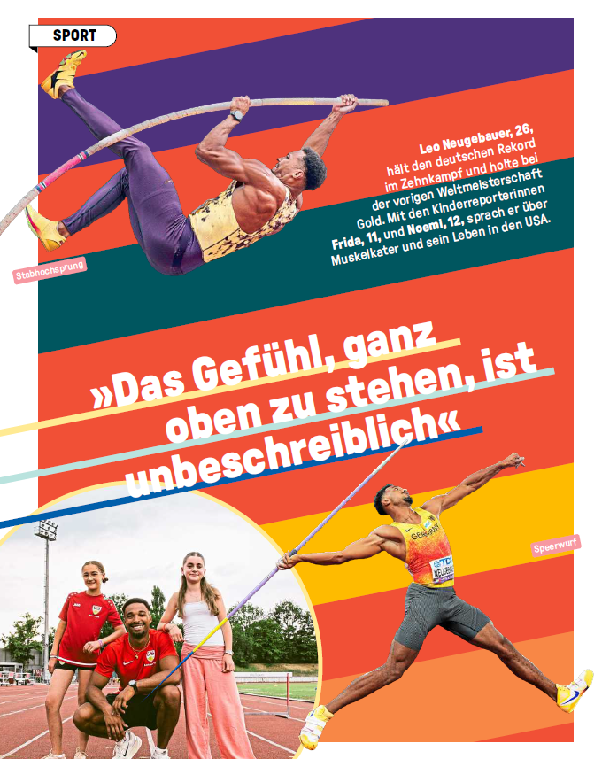 Das Bild zeigt einen Auszug aus dem Magazin Dein Spiegel. Zu sehen ist ein Interview mit Zehnkämpfer Leo Neugebauer.